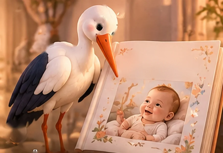Stork with memory book scene